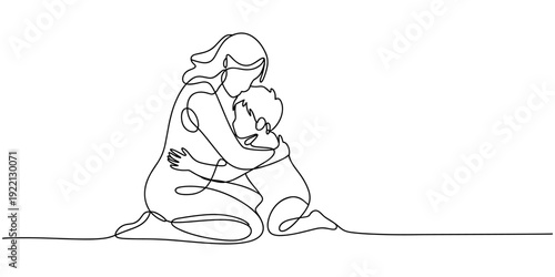 mother kneeling on floor hugging her son continuous one line drawing, continuous single line drawing of mother kneeling on floor hugging her son, line art embracing their