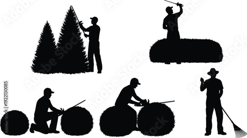 Hedge trimming and tree pruning workers silhouette set with landscaping tools vector illustration