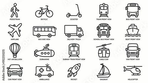 Transportation Vector Icons Collection | Pedestrian, Bicycle, Scooter, Train, Bus, Airplane, Ship, Rocket, Submarine, Helicopter | Minimalist Line Art, Editable Vector Set, Modern Graphics