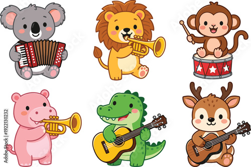 Cute cartoon animal musicians collection, adorable lion koala monkey deer hippo crocodile playing instruments isolated on white background