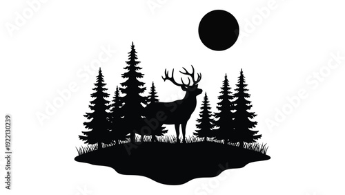 A deer stands on a cliff in front of pine trees under the moon isolated on white background, Vector