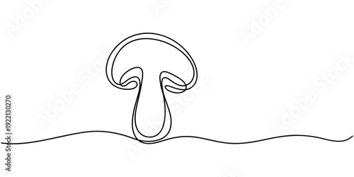 Mushroom one continuous line drawing. Nature food in simple linear style. Edible autumn harvest in editable stroke, outline vector minimalist linear illustration, One line Champignon vector background