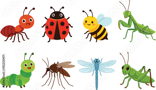 Cute cartoon insects collection, ant ladybug bee dragonfly vector illustration isolated on white background