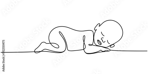 Continuous one single minimal line drawing baby, one continuous line drawing of a boy sleeping on a cloud, single line vector illustration.isolated white background, Newborn baby sleep, one art line.