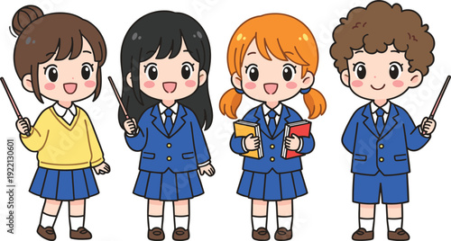 Cute cartoon school students set, happy kids in uniform holding books and pointer isolated on white background