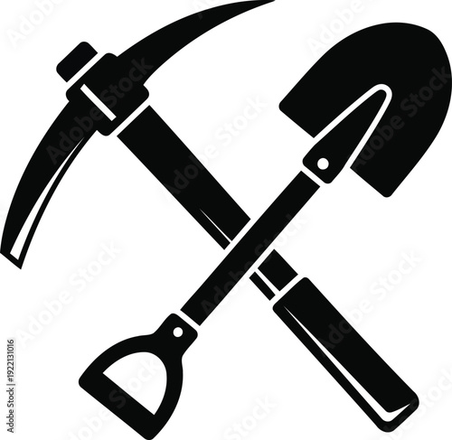 Crossed black pickaxe and shovel icon on white background