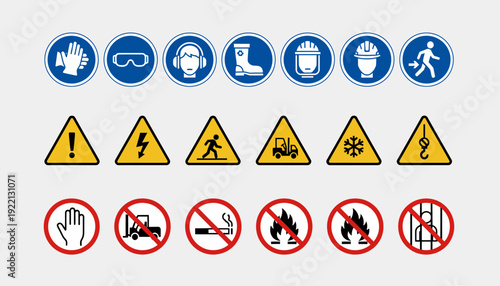 Safety Signs Vector Icons | Industrial, Construction, Mandatory, Warning, Prohibition, Hazard Prevention, Workplace Safety, Minimalist Line Art, Editable Vector Set, Modern Graphics Collection