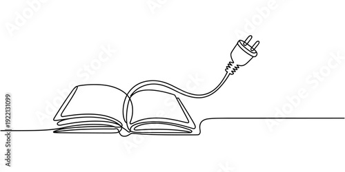 continuous one line drawing of Open book with cable plug, electronic book concept line art symbol or logo, e-book, education and literature reading library.