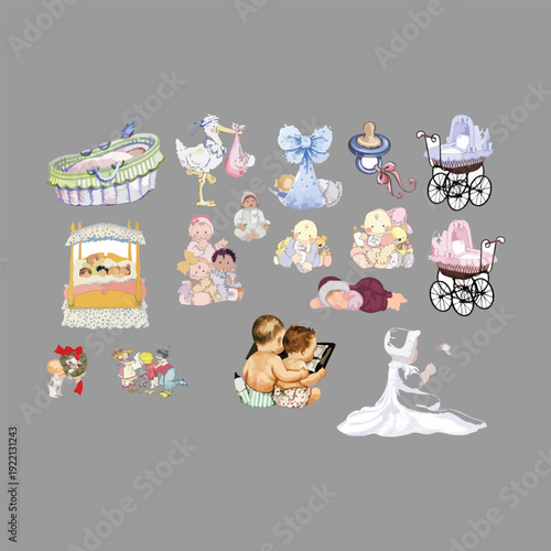 Cute vector illustration set featuring a bride and groom character with a bear, dog, and cat for a fun wedding invitation, cake design, and birthday card