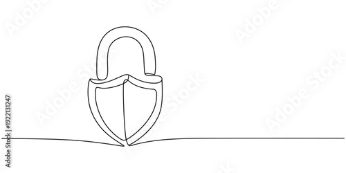 Guard badge with padlock inside continuous line drawing. Protect and security concept. Vector hand drawn illustration isolated on white.