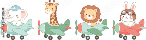 Cute safari animals flying airplane cartoon collection, elephant giraffe lion and rabbit pilot characters isolated on white background