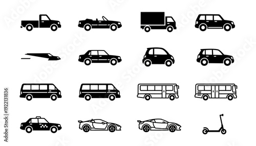 Vehicle Vector Icons Collection | Pickup Truck, Sedan, Sports Car, Taxi, Bus, Electric Scooter, Automotive Transport, Minimalist Line Art, Editable Vector Set, Modern Graphics