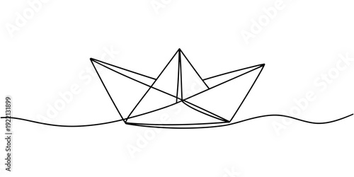 Paper boat in the sea one line art drawing, One continuous line drawing of paper boat. Origami ship concept for success leadership of business in simple linear style. Editable stroke. Doodle Vector