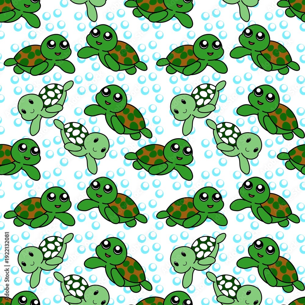 Obraz premium Cute Turtle Seamless Pattern with Bubbles Cartoon Sea Background