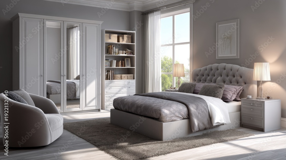 Fototapeta premium Modern Cozy Bedroom Design with Stylish Furniture and Natural Light Streaming Through Large Windows