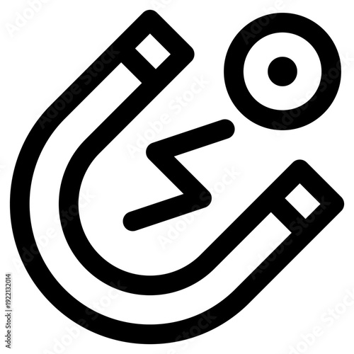 A minimalist line art icon depicting a horseshoe magnet with a lightning bolt and a target symbol.