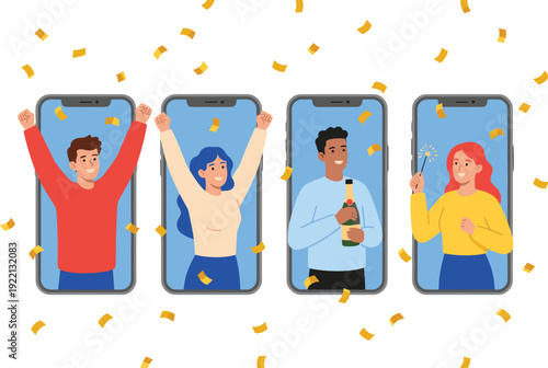 Online celebration with friends on smartphone screens, virtual party video call vector illustration isolated on white background