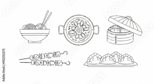 Assorted Asian dishes including dumplings, skewers, and soup illustrated in a simple line art style from a straightforward viewpoint