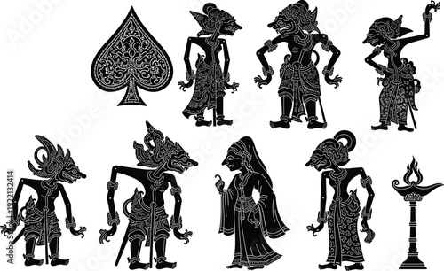 Indonesian wayang kulit shadow puppets traditional culture characters vector illustration isolated silhouette collection set