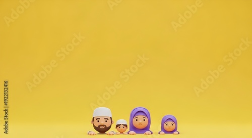 Cute 3D cartoon Muslim family peeking from bottom on vibrant yellow background.
