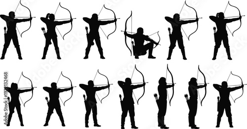 Black silhouette collection of medieval archers aiming bows and arrows in various poses isolated on white background for historical war and fantasy design projects