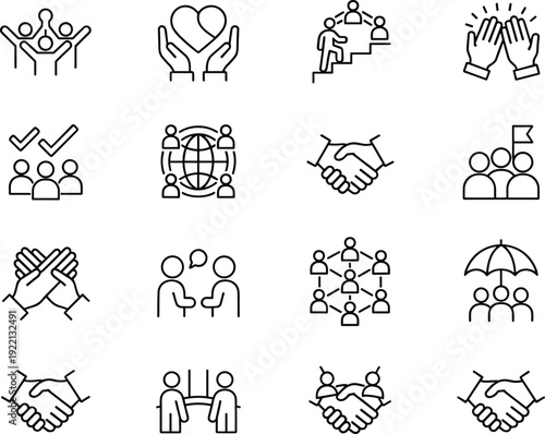 Teamwork and partnership line icons set, business collaboration support leadership community networking agreement vector outline collection