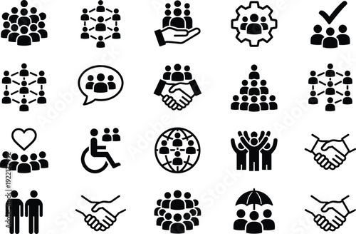 Teamwork and community collaboration icons set, partnership leadership support networking people vector collection