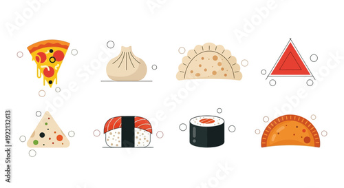 Assorted international cuisine illustrations including pizza, dumplings, sushi, and tacos displayed on a clean white background from a straightforward viewpoint.