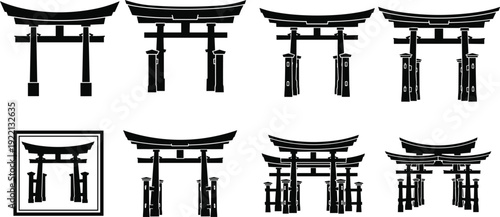 Japanese Torii Gate Silhouettes Collection Traditional Shinto Shrine Entrance Vector Illustration Set