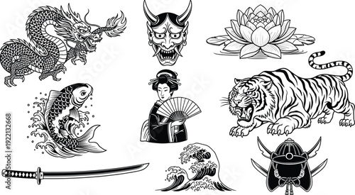 Japanese traditional tattoo style collection with dragon tiger koi geisha samurai mask and wave