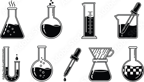 Laboratory glassware icon set with flask beaker test tube and dropper