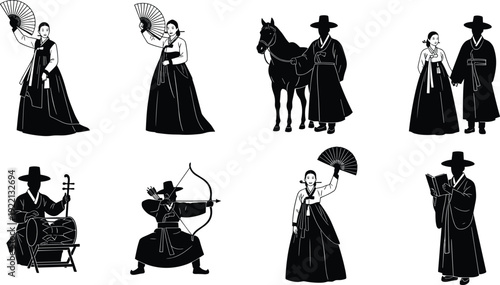 Korean traditional hanbok people silhouette set with fan musician archer scholar and horse vector illustration
