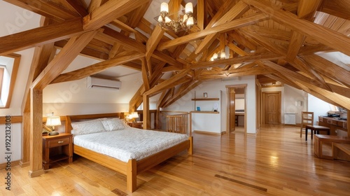 Spacious Attic Bedroom with Wooden Beams and Modern Decor, Featuring a Cozy Bed and Elegant Lighting