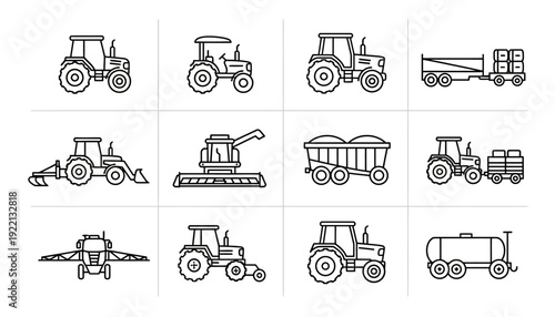 Agricultural Machinery Vector Icons | Tractor, Harvester, Trailer, Sprayer, Farming Equipment, Black Line Art, Minimalist Design, Editable Vector Collection, Modern Farm Tools, Modular Graphics