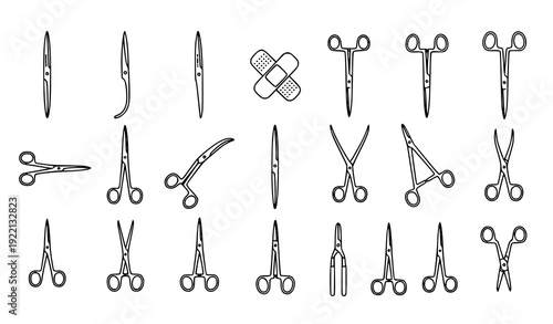 Medical Surgical Scissors Thin Line Icon Set Healthcare Tools Vector