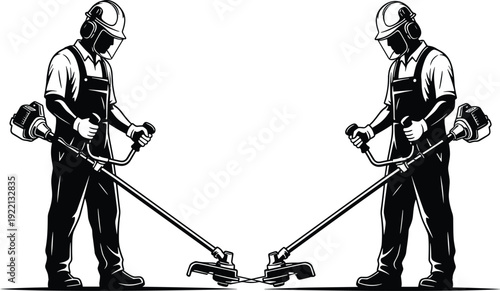 Landscaper using brush cutter trimmer silhouette pair with protective gear vector illustration