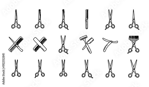 Barber Scissors Thin Line Icon Set Hairdresser Salon Tools Vector Outline