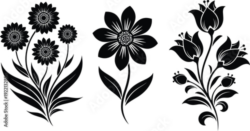 Black and white floral vector illustration set featuring decorative sunflowers and tulips silhouettes isolated on white background for elegant design.