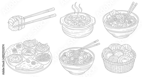 Assorted Asian dishes including noodles and dumplings arranged in bowls and plates from a top-down viewpoint
