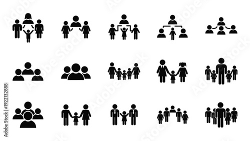 A collection of black and white icons depicting various groups of people isolated on white background, Vector