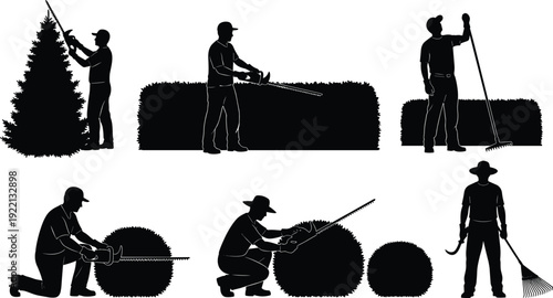 Landscaping workers trimming hedges and trees silhouette set with gardening tools vector illustration