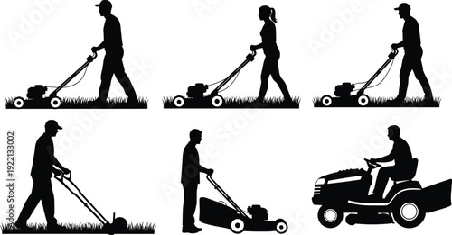 Lawn Care Workers with Push and Ride On Mowers Silhouette Collection Landscaping Vector Set