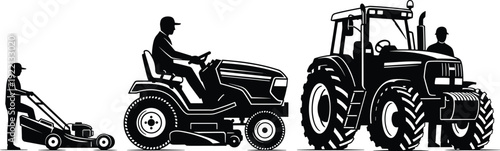 Lawn Care Equipment Evolution from Push Mower to Riding Mower and Agricultural Tractor Silhouette Vector Set