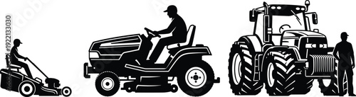 Lawn mower and agricultural tractor silhouette set with farmer driving garden machinery vector illustration