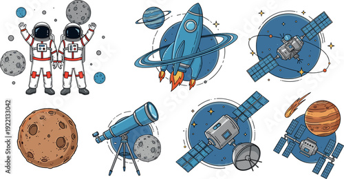 Colorful space exploration illustration set featuring astronauts, rocket ship, planets, satellites and telescope, astronomy science icons for education and futuristic technology isolated on white 