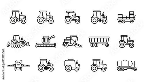 Agricultural Machinery Vector Icons | Tractor, Harvester, Trailer, Sprayer, Farming Equipment, Black Line Art, Minimalist Design, Editable Vector Collection, Modern Farm Tools, Modular Graphics
