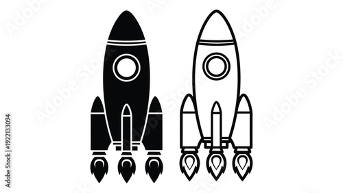 Two rockets with different colors are shown side by side isolated on white background, Vector