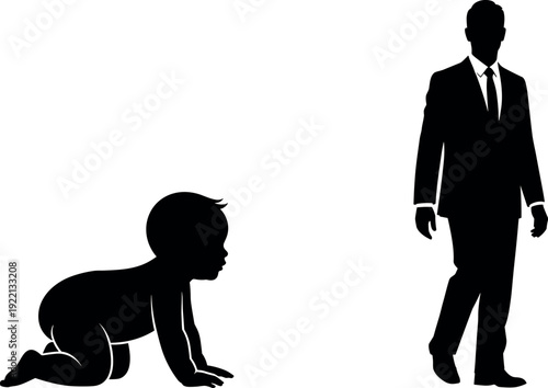Human life stages silhouettes showing crawling baby and walking businessman, black and white illustration symbolizing growth, development, career journey, adulthood, responsibility, and life progress 