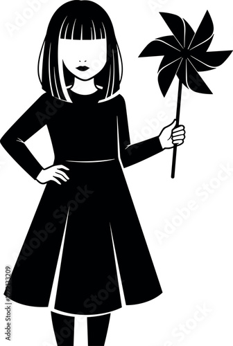 Minimal girl silhouette holding pinwheel toy illustration, black and white child character design symbolizing childhood, innocence, playfulness, and modern nursery art concept