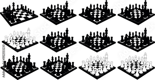 Multiple chessboard silhouettes with black and white pieces arranged in strategic positions, abstract isometric chess illustrations symbolizing strategy, logic, competition, and intellectual board 